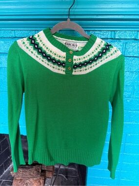 Ricki's Green Nordic Yoke Crewneck Sweater with White & Navy Accents